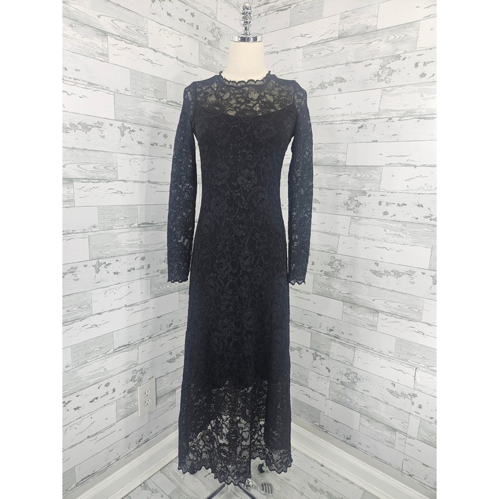 Saint + Sofia Black Floral Lace Long Sleeve Maxi Dress Scallop Neck Size US 4
